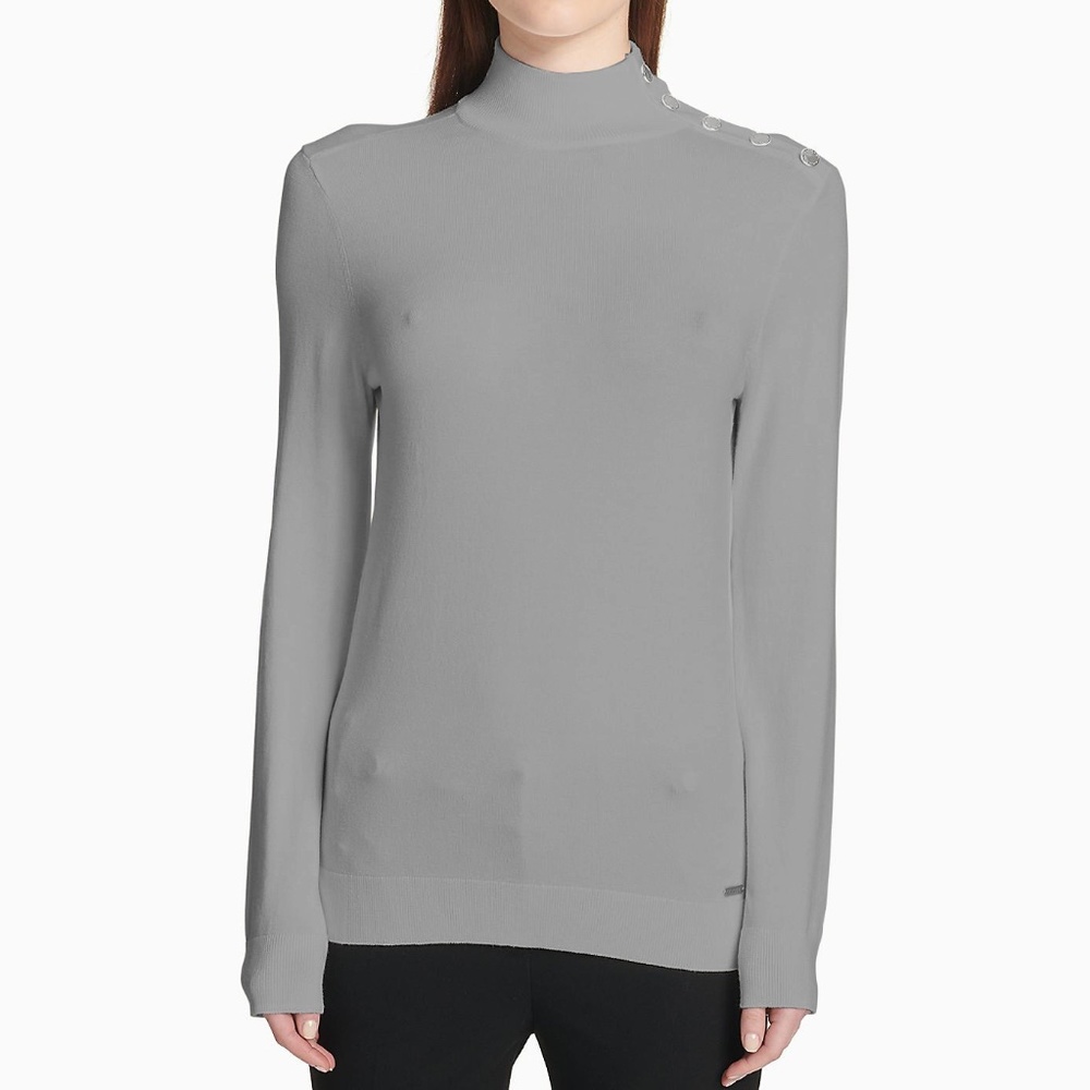 Calvin Klein Button Trim Mock Neck Long Sleeve Sweater